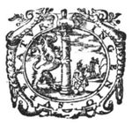A column held by a crowned lion; in the background a man digging, two men (in discussion?); decorated frame