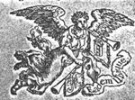Flying woman with wings at the shoulder, laurel on the head, two trumpets (Fame); monogram "P.M." and coat of arms of Amsterdam; banderole with inscription