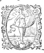 Woman standing on a globe with wings holding a sail (Fortuna); waterscape; decorated frame