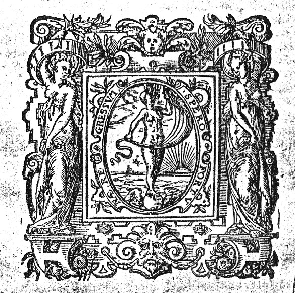 Woman standing on a globe with wings holding a sail (Fortuna); waterscape; frame decorated with festoons, a mascaron and two women holding an olive-branch(?) above their head