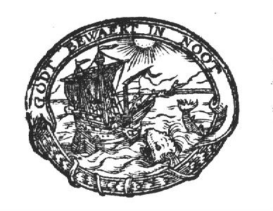 The sailors reluctantly throw the prophet Jonah into the sea; decorated frame, partly consisting of a banderole with inscription