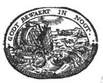 The sailors reluctantly throw the prophet Jonah into the sea; decorated frame, partly consisting of a banderole with inscription