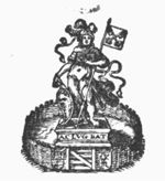 Minerva (Aegis, helmet, lance) holding an open book; attached to the lance is the coat of arms of the city of Leiden (Minerva as patroness of the University of Leiden