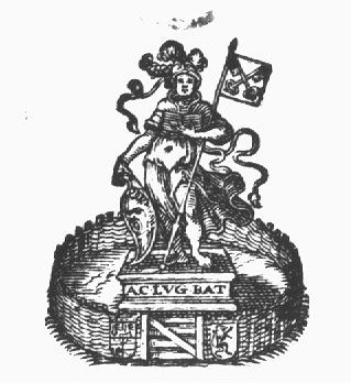 Minerva (Aegis, helmet, lance) holding an open book; attached to the lance is the coat of arms of the city of Leiden (Minerva as patroness of the University of Leiden
