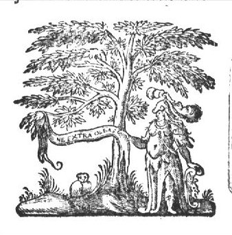 Minerva (helmet, Aegis, owl) standing next to an olive-tree, holding a banderole