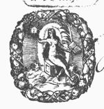 Truth (Dutch: 'waarheid'): a naked woman, on a cubical seat, holding the sun represented as a face, a palm-branch and an open book, the right foot resting on a globe; a wreath decorated with fruit and with inscribed banderole as frame