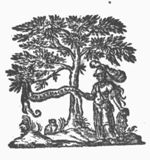 Minerva (helmet, Aegis, owl) standing next to an olive-tree, holding a banderole