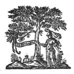Minerva (helmet, Aegis, owl) standing next to an olive-tree, holding a banderole