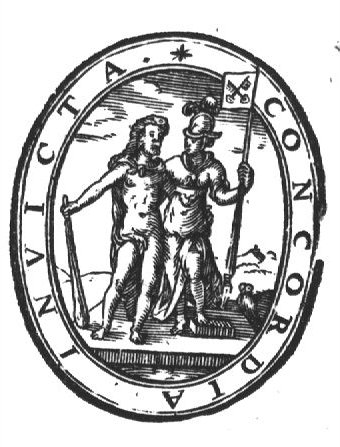 Minerva (helmet, owl, lance with banner of Leiden (keys) attached to it) embracing Hercules (club, lion's skin), symbolizing Unity; simple frame
