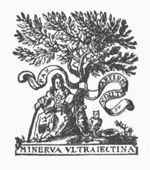 Minerva (Aegis, owl, laurel wreath), as patroness of the arts, sitting under an olive-tree with an open book on her lap; on the ground an open book and with music notation(?), an astrolabe; in her hands a palette(?) and a twig(?); banderole with inscription