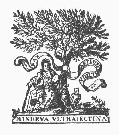 Minerva (Aegis, owl, laurel wreath), as patroness of the arts, sitting under an olive-tree with an open book on her lap; on the ground an open book and with music notation(?), an astrolabe; in her hands a palette(?) and a twig(?); banderole with inscription