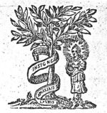 Apollo (playing the lyre) standing next to a laurel around which an inscribed banderole is coiled