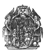 In an oval medallion held by two angels and topped by a crowned coat of arms of Leiden, three men are at work in a printing office: a man rolling ink-balls, a printer, a type-setter seated at a typecase; two visitors (customers?)