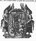 In an oval medallion held by two angels, three men are at work in a printing office: a man rolling ink-balls, a printer, a type-setter seated at a typecase; two visitors (customers?)