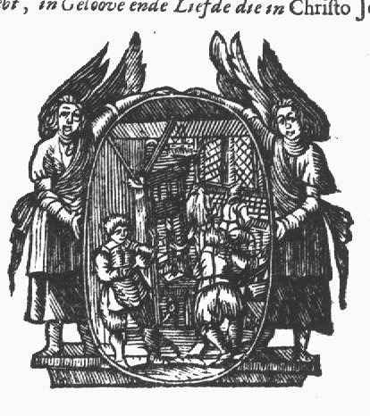 In an oval medallion held by two angels, three men are at work in a printing office: a man rolling ink-balls, a printer, a type-setter seated at a typecase; two visitors (customers?)