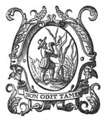 A man cutting a branch from a tree with a knife; frame decorated with foliage, banderole with inscription
