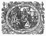 The adoration of the kings: the Wise Men present their gifts kneeling in front of Mary, Joseph and the Christ-child; the star of Bethlehem in the sky, a man in contemporary costume in the background; frame decorated with vases and festoons