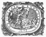 The attack on the Midianites: Gideon and his men blow their trumpets, break their pitchers, and hold their lamps; frame decorated with hybrids of mixed human and animal shape, and festoons; initials "G.S."