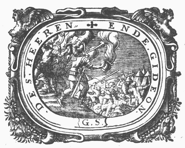 The attack on the Midianites: Gideon and his men blow their trumpets, break their pitchers, and hold their lamps; frame decorated with hybrids of mixed human and animal shape, and festoons; initials "G.S."