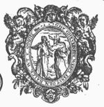 The mote and the beam in the eye: two standing men, one pointing towards the head of the other; frame decorated with two putti, cornucopiae, birds, lion's head and mascaron