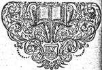 Open book on a lectern(?) topped by a crown, ornamental background; shield with monogram "P.A.V.R."