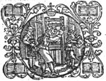Three men at work in a printing office: one is printing, one is rolling ink-balls(?), one is typesetting(?); frame with floral ornament, an orb and open books
