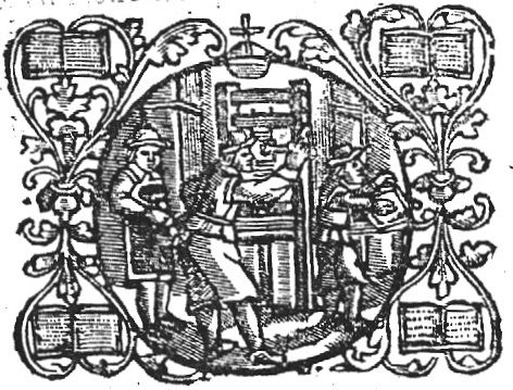 Three men at work in a printing office: one is printing, one is rolling ink-balls(?), one is typesetting(?); frame with floral ornament, an orb and open books