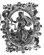Woman holding a sword and scales (Justice); decorated frame
