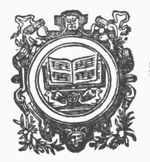 Open book with notation of music on a lectern, decorated with two dragons(?); a cross in a circle between them; frame decorated with festoons and ribbons