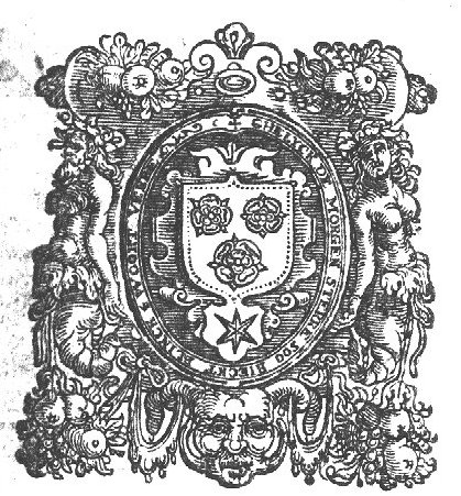 Coat of arms(?) with three rosettes and a star; frame decorated with beings of mixed human and animal form and festoons