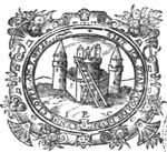 Illustration of "Apocalypse 3:20" 'to Laodicea': Castle (Dutch: 'burcht') with two men: one hammering (Dutch: 'kloppen') against the door, one on top of the castle; decorated frame; initials "I.E.C."