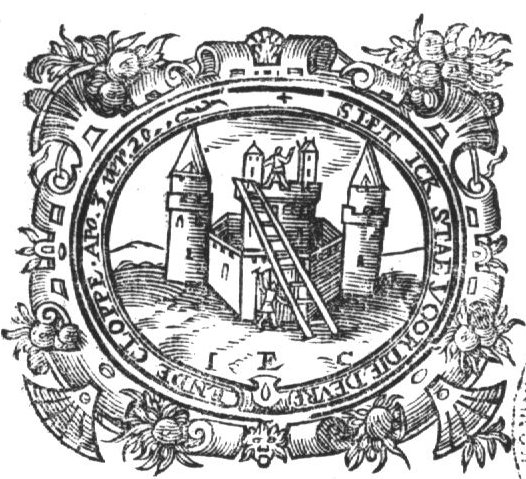 Illustration of "Apocalypse 3:20" 'to Laodicea': Castle (Dutch: 'burcht') with two men: one hammering (Dutch: 'kloppen') against the door, one on top of the castle; decorated frame; initials "I.E.C."