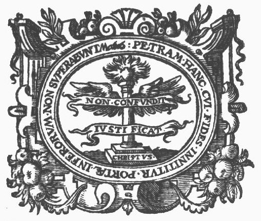 A column with wings, on top of the column a heart surrounded by flames; on the base of the column the inscription 'CHRISTVS'; two banderoles with inscriptions; frame decorated with festoons