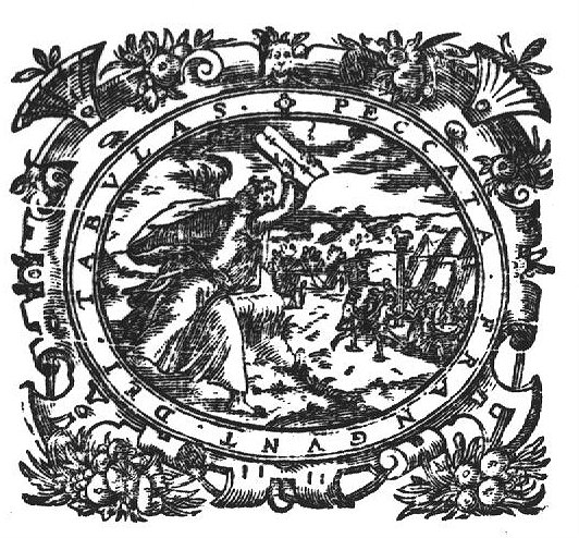 On seeing the idolators Moses breaks the tables of the law, in the background the adoration of the golden calf; frame decorated with festoons and mascaron