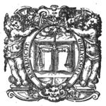 A hand from the clouds holding a pair of scales in front of an open book; decorated frame held on either side by a putto on a pedestal
