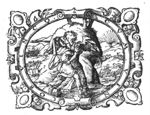 Jacob wrestling with the angel; in the background the armed men of Esau approaching, and Jacob's family crossing the river Jabbok(?); decorated frame