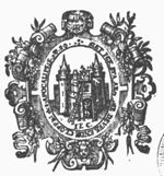 Illustration of "Apocalypse 3:20" 'to Laodicea': Castle (Dutch: 'burcht') with two men: one knocking (Dutch: 'kloppen') against the door with a hammer, one on top of a ladder, also hammering; frame decorated with festoons, mascaron and lion's head; initials "I.E.C."