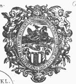 Illustration of the speeches of Christ against scribes and Pharisees ("Matthew 23:37"): hen with chicken; angels holding a coat of arms of Delft; banderole; frame decorated with putti and birds