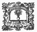 Burning candle under an arch; frame decorated with vases with flowers, festoons and a coat of arms with a double-headed eagle