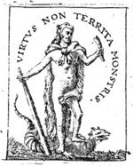 Hercules (club, lion's skin) holding a horn, standing on a monster