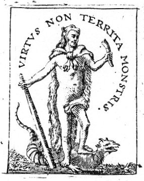 Hercules (club, lion's skin) holding a horn, standing on a monster