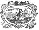 Hope (a woman sitting on an anchor, her hands against each other in front of her chest); ships in the background; frame decorated with cherubs and objects hanging from a ribbon