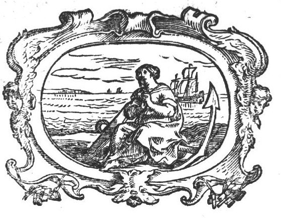Hope (a woman sitting on an anchor, her hands against each other in front of her chest); ships in the background; frame decorated with cherubs and objects hanging from a ribbon