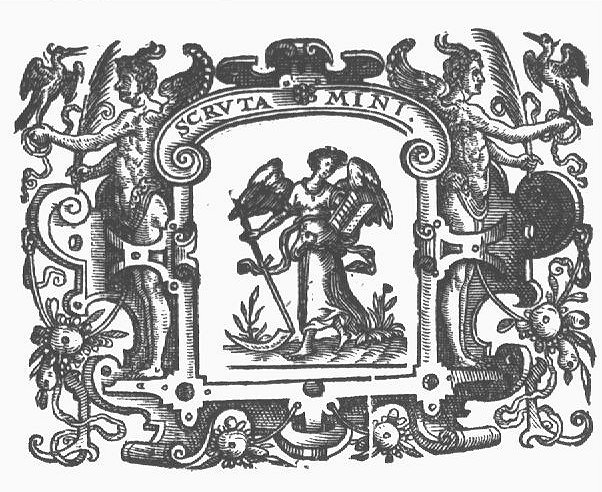 An angel holding a scythe and an open book; frame decorated with festoons and hybrids of mixed human and animal shape with a bird and a palm-branch