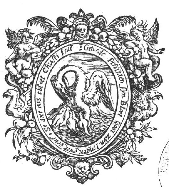 Pelican feeding its young with its own blood; frame decorated with putti, birds, cornucopiae, lion's head, palm-branches and mascaron