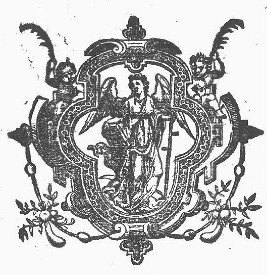 An angel holding a scythe and a book; frame decorated with putti holding a palm-branch, and a festoon
