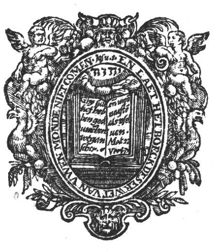 Open book, bible, with text; Jahweh-tetragram; frame decorated with putti and birds