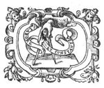 Compasses held by a hand (clouds); banderole with inscription; frame decorated with festoons