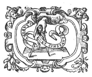 Compasses held by a hand (clouds); banderole with inscription; frame decorated with festoons