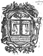 A hand from the clouds holding a pair of scales in front of an open book; frame decorated with female personification: a woman holding a pair of scales (Justice?) and a woman holding a book with digits (Arithmetica?)